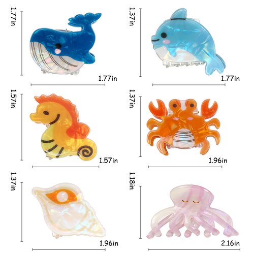 Bgffuy Ocean Small Hair Clip Marine Animal Set Whale Crab Jellyfish Conch Dolphin Seahorse Hair Accessories Hair Claw Clips for Girls for Thick or Thin Hair 6Pcs
