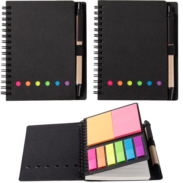 WILFANS 2 Packs Spiral Notebook Steno Pads Lined Notepad with Pen in Holder, Sticky Notes, Page Marker Colored Index Tabs Flags, 4.73"x5.9" Kraft Paper Cover Small Pocket Notebooks (Black 2 Packs)