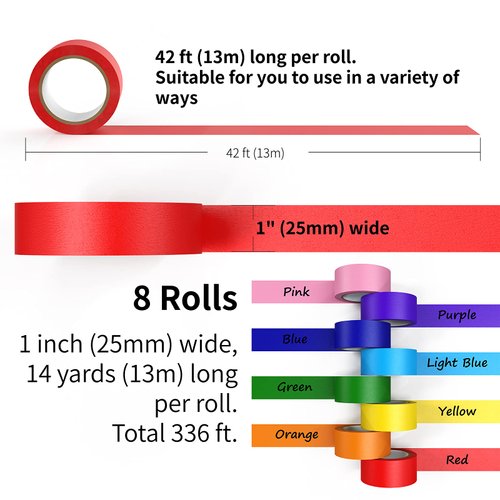 CHIYUNS Colored Masking Tape 8 Rolls, 1 inch Wide x 14 Yards Long, Craft Color Painters Colorful Art Rainbow Labeling Tapes Marking Tape for Kids Crafts Moving Classroom, 8 Colors
