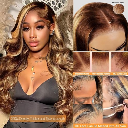 Ureko Ombre Lace Front Wig Human Hair SKINLIKE Real HD Lace Front Wigs Body Wave Wig Pre Plucked P4/27 Highlight Wigs Human Hair 13x4 Frontal Wigs Human Hair For Women 20Inch,200% Density