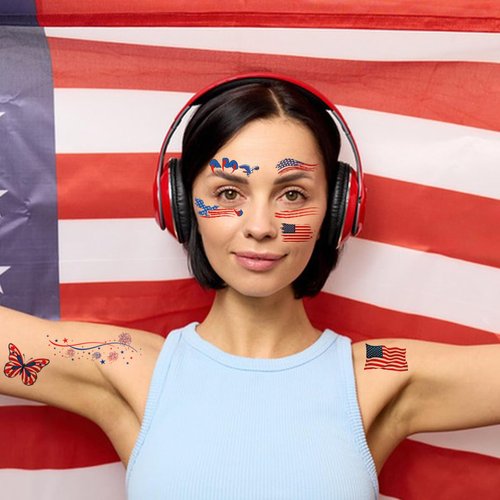 4th of July Temporary Tattoos, 10 Sheets Independence Day Face Tattoos Stickers American Flag Red White & Blue Design Temporary Tattoos Sticker Patriotic Theme Memorial Day Decoration Party Supplies