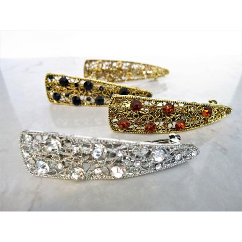 Generic Art deco blue silver amber gold flower crystal hair clip barrette (Primary color: Blue), 1 Count (Pack of 1)