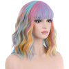 PATTNIUM Rainbow Wig Short Wavy Colorful Wig Pastel Rainbow Wig with Bangs Multicolor Wig for Women Girls Heat Resistant Synthetic Cosplay Costume Wig (Rainbow)