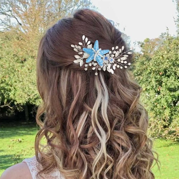 Casdre Blue Starfish Hair Accessories Silver Pearl Bridal Headpiece Beach Hair Piece Bride Wedding Hair Vine for Women and Girls