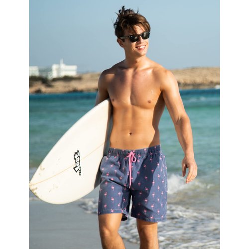 Nonwe Men's Beachwear Flamingo Print Relaxed Fit Soft Washed Swim Trunks Blue 36