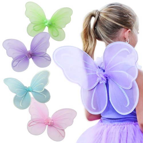 Butterfly Craze Girls' Fairy, Angel, or Butterfly Wings - Costume Accessories & Party Favors or Supplies, Make Your Little One's Birthday Party Special, in Shades of Blue, Green, Pink, and Purple, 4pc