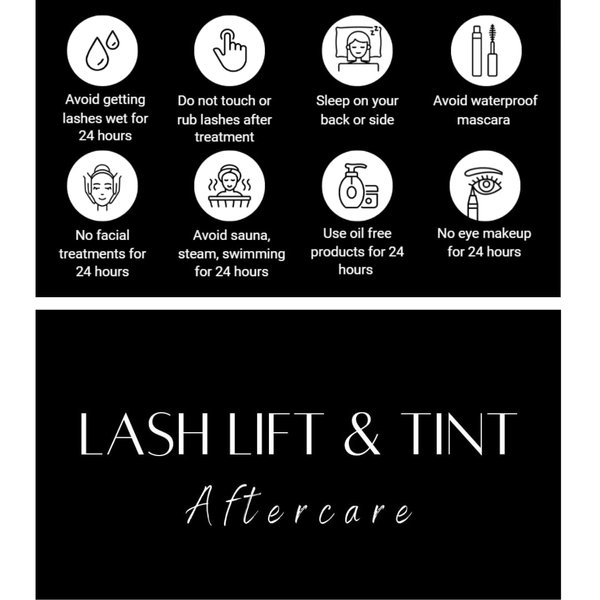 LEES A.M. Lash Lift and Tint Aftercare Card | 50 Pack | 2x3.5 Inch Business Card Size | Lash Lift and Tint, Black & White Simple Design with Illustration & Instruction