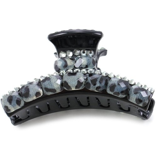 Zebra Print Mid-size Hair Claw Jaw Pin Butterfly Clip Jet Black Color with Grey Pave Rhinestones Hair Styling Accessories Gift for Girlfriend Friend Women Mom (Black)