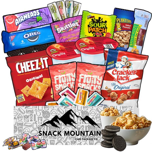 Snack Mountain Care Package 25 Count, Christmas Snacks, Snack Care Package for Teens & Adults, Back to School Gifts, Birthday Snack Gift Box, Care Packages for College Students, Snack Sized Candy Gift Basket, Variety Snack Box, Gift Snack Basket