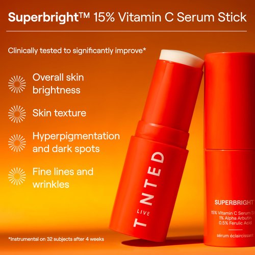 Live Tinted Superbright: 15% Vitamin C Brightening Facial Serum Stick, Reduces Dark Spots and Wrinkles, with Vitamin E, 0.5% Ferulic Acid, 0.5 oz.