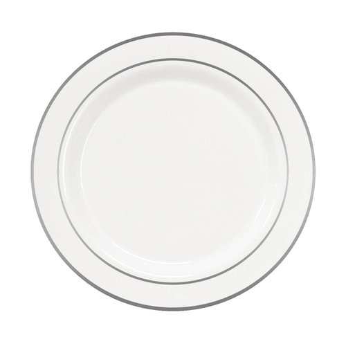 Party Essentials 12-Count Hard Plastic 9" Divine Dinnerware Disposable China Lunch/Dinner Plates, White with Silver Band