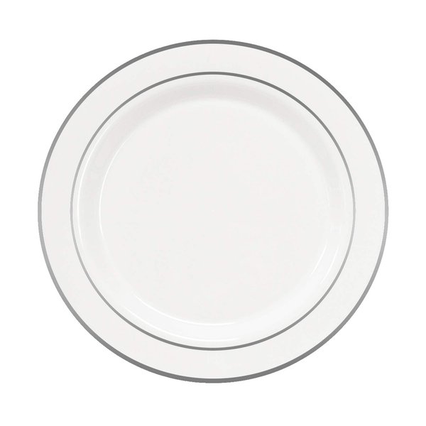 Party Essentials 12-Count Hard Plastic 9" Divine Dinnerware Disposable China Lunch/Dinner Plates, White with Silver Band