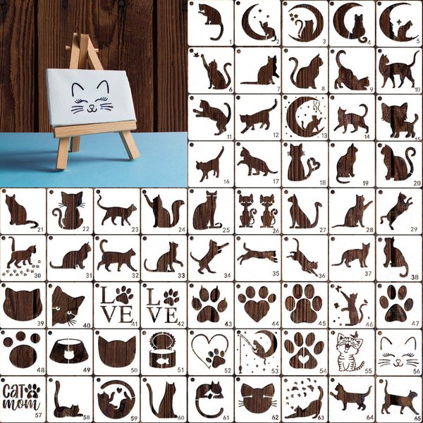 65pcs Reusable Cat Stencils for Painting on Wood,Cat Theme Painting Perfect for DIY Crafts, Scrapbooks, and Home Supplies (Cat)