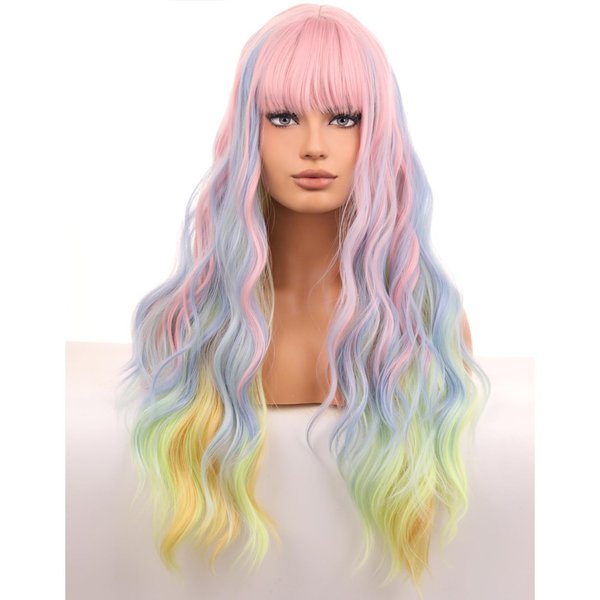 BERON Rainbow Long Wigs Curly Wavy Women Pastel Wigs with Bangs Colorful Heat Resistant Synthetic Wigs for Cosplay or Daily Wigs Wig Cap Included