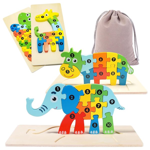 QULEWUU Toddler Puzzles for Kids Ages 3-5, Wooden Puzzles for Toddler 3 Years, Montessori Toys for 3 Year Old Boys Girls Kids, 4-Pack Animal Puzzle Toddler Toys