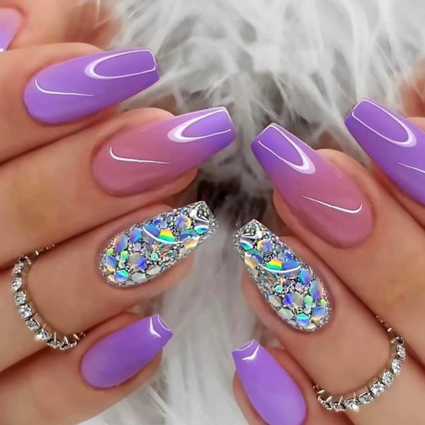 Purple Gradient Press on Nails Medium Length Ballerina Fake Nails Silver Glitter Designs False Nails Full Cover Glue on Nails Coffin Acrylic Artificial Nails for Women Girls Stick on Nails 24Pcs