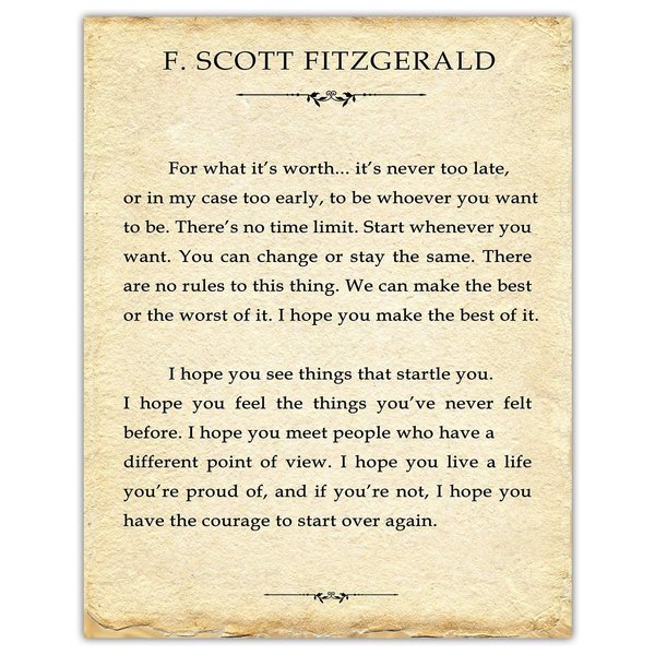 Positive Affirmations Wall Decor for Kids: "For What it's Worth" F. Scott Fitzgerald 11x14 Inspirational, Motivational Poster & Motivational Wall Art Office Decor for Men & Women