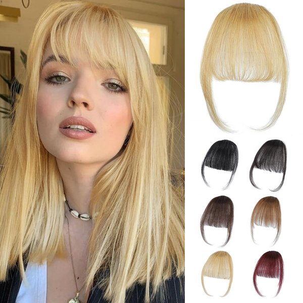 BUPPLER Clip in Bangs 100% Real Human Hair Pieces Blonde Fake Bangs Hair Clip on bangs for women Faux Bangs Clip in Hair Extensions with Hair Roller for Daily Wear(4.5 * 6 Inch, Blonde)