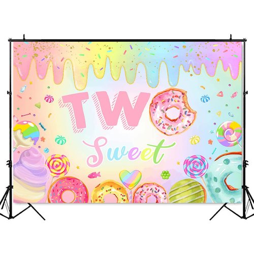 Mocsicka Donut Two Sweet Birthday Backdrop Sweet Candy Second Birthday Party Decorations Background Cake Table Banner Happy 2nd Birthday Party Supplies (7x5ft (82x60 inch))
