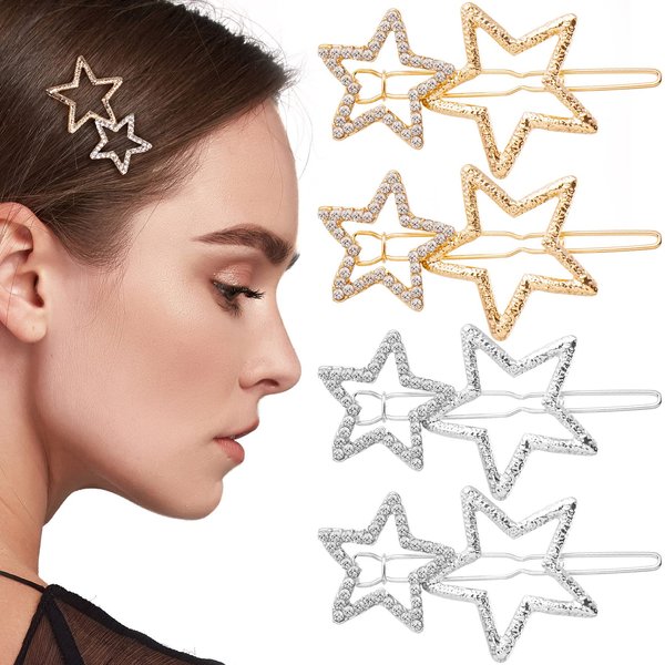 OIIKI Star Hair Clips Pins 8pcs, Star Hair Barrettes Elegant Metal Hair Clips Rhinestone Hairpin, Silver Golden Hollow Geometric Hair Pins for Women Girls Hair Styling Accessories