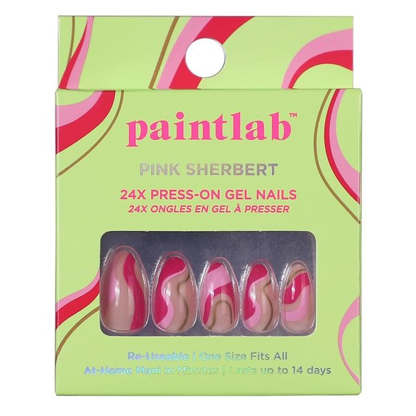 PaintLab Press On Nails - PInk Sherbert | Medium Almond Swirl Design Nails | 14 Sizes - 24 Nail Kit with Glue and File | Reusable
