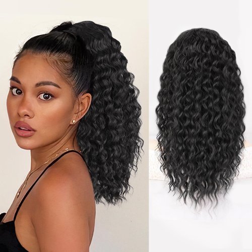 AISI BEAUTY Black Ponytail Extension Curly Drawstring Ponytail for Women Full Fake Ponytail 18 Inch Synthetic Curly Pony Tails Hair Extensions