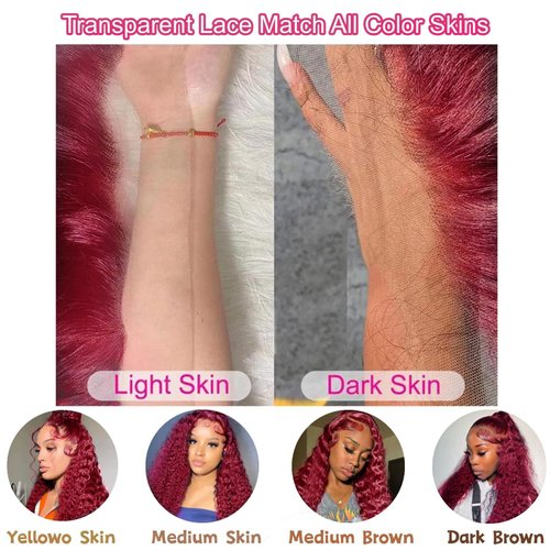 99j Burgundy Deep Wave Lace Front Wigs Human Hair 13x4 180% Density Transparent Lace Frontal Wigs Curly Wigs for Women Red Curly Wigs Pre Plucked with Baby Hair 99j Lace Front Human Hair Wigs (22inch)