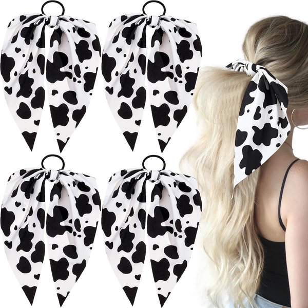 4 PCS Cow Print Hair Band Bowknot Elastic Hair Ties Non-Slip Bowknot Elastic Hair Tie Ropes Spotted Rabbit Bunny Ear Bow Hair Tie Rabbit Bunny Ear Bow Ponytail Holder Scrunchie for Women Girls