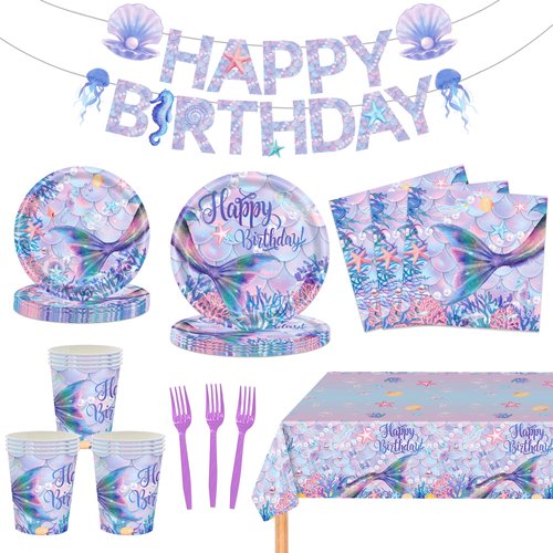 122 Pcs Little Mermaid Birthday Party Decorations Kit Mermaid Party Supplies Set Include Mermaid Plates and Napkins Fork Cup Tablecloth Banner Girls Mermaid Theme Decor for Baby Shower Ocean Serves 24