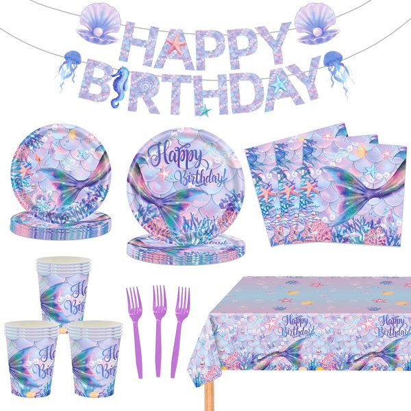 122 Pcs Little Mermaid Birthday Party Decorations Kit Mermaid Party Supplies Set Include Mermaid Plates and Napkins Fork Cup Tablecloth Banner Girls Mermaid Theme Decor for Baby Shower Ocean Serves 24