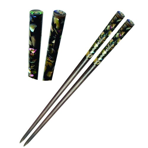 Wooden Hair chopsticks, The Head of Top Inlay with Mother of Pearl by Hand, Unique Decorative Wooden Hair Sticks, Vintage Hair Chopsticks for Women, Natural Color Black and Gray (Style 3)