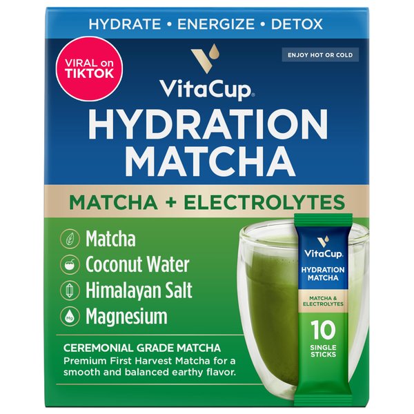 VitaCup Hydration Matcha Instant Packets, for Natural Energy and Detox, w/Electrolytes, Ceremonial Grade Organic Matcha, Coconut Water, Pink Himalayan Salt, Magnesium, in Single Serve Sticks, 10 Ct