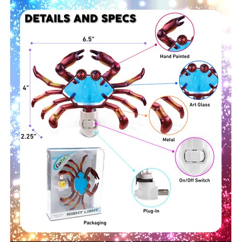 Puzzled Glass Art Night Light, Plug in Decorative Socket Lamp, Manual On & Off Portable Lights for Stairway, Bedroom, Bathroom, Nursery, Home Accessory & Kitchen Decor - Crab