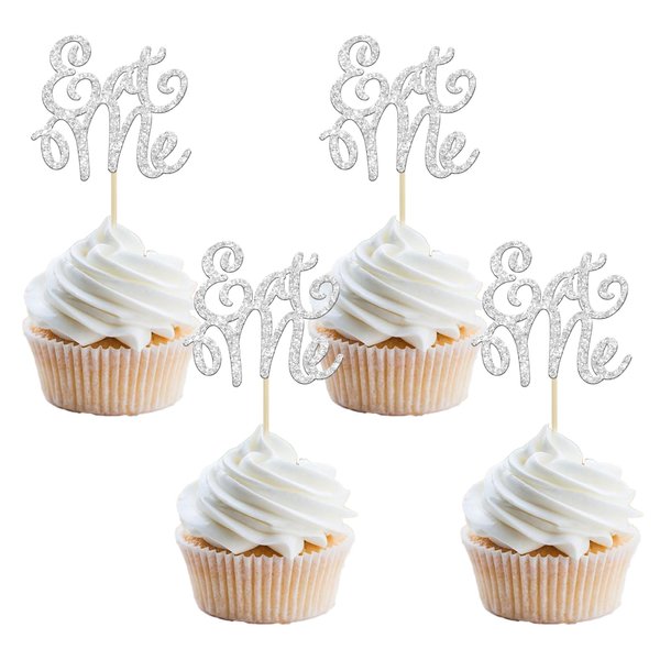 Gyufise 36Pcs Eat Me Cupcake Toppers Glitter Alice Cupcake Picks Baby Shower Boys Girls Kids Birthday Wonderland Theme Party Cake Decorations Supplies Silver