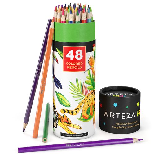 ARTEZA 48 Colored Pencils for Kids, Vibrant Colors, Triangular, Pre-Sharpened Kids Coloring Pencils for Drawing