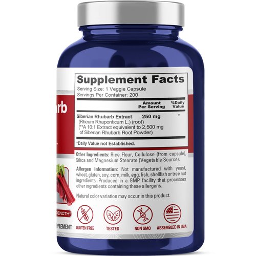 NusaPure Siberian Rhubarb 10:1 Extract 2500mg - 200 Veggie Capsules (Vegetarian, Non-GMO, Gluten-Free)