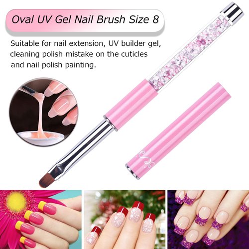 Ycyan 2Pcs Oval & Flat UV Gel Nail Brush Set Rhinestone Handle Professional Nail Art Design Brushes Pink Size 8