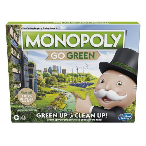 Hasbro Gaming Monopoly: Go Green Edition Board Game | Made with 100% Recycled Paper Parts and Plant-Based Plastic Tokens | Family Board Games | Ages 8 and Up
