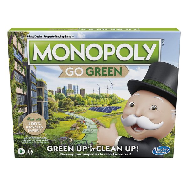 Hasbro Gaming Monopoly: Go Green Edition Board Game | Made with 100% Recycled Paper Parts and Plant-Based Plastic Tokens | Family Board Games | Ages 8 and Up