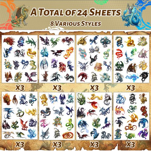 300PCS+24Sheets Dragon Party Favors Dragon Temporary Tattoos Dragon Party Favors Decorations for Kids Adults Dragon Birthday Party Supplies, Goodie Bag Fillers