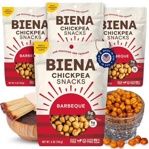 BIENA Chickpea Snacks - Crunchy Roasted Chickpeas - High Fiber Vegan Protein Snacks for Adults and Kids - 4-Pack, 5 Ounce Bags - Barbecue