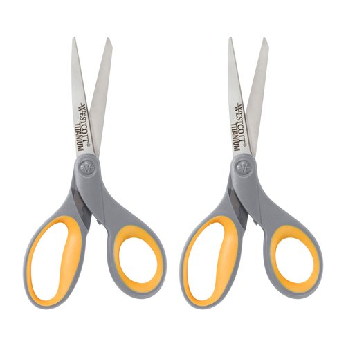 Westcott 13901 8-Inch Titanium Scissors For Office and Home, Yellow/Gray, 2 Pack