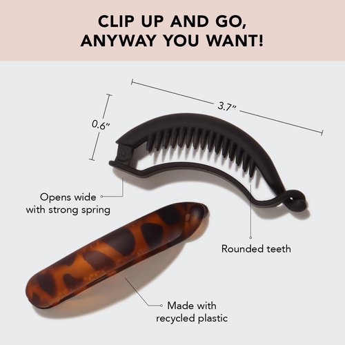 Kitsch Hair Clips for Women - Recycled Plastic Hair Accessories for Low Ponytail | Matte Ponytail Clips | Creaseless Hair Barrettes for Women - 2 Pcs Black and Tortoise