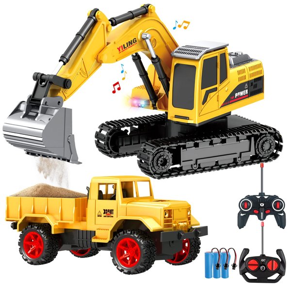 Remote Control Excavator & Dump Truck Toy for Kids(Set of 2) with Lights and Sounds,Construction Vehicles RC Trucks Toys for Boys Kids 3 4 5 6 7 8 9 10 Year…