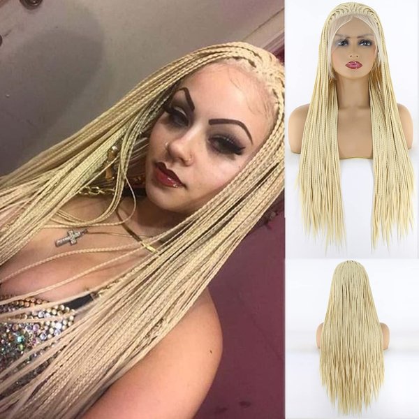 BTWTRY Blonde #613 Micro Braided Synthetic Lace Front Wig for Black Women African American Long Braided Artificial Hair Braids Wigs with Baby Hair Natural Hairline (24Inch, 613 Color)