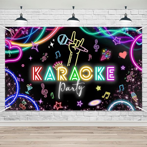 Lofaris Karaoke Party Backdrop – Music Disco Theme Birthday Banner, Rock Star Guitar and Microphone Photography Background for Kids and Adults, 70.8 x 43.3 Inch