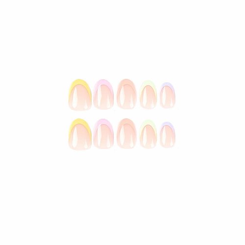 MISUD Short Round Press on Nails Oval Fake Nails Glossy Glue on Nails Colorful French Tip Acrylic Nails Summer Artificial Nails Rainbow Edge Stick on False Nails with Design 24 pcs