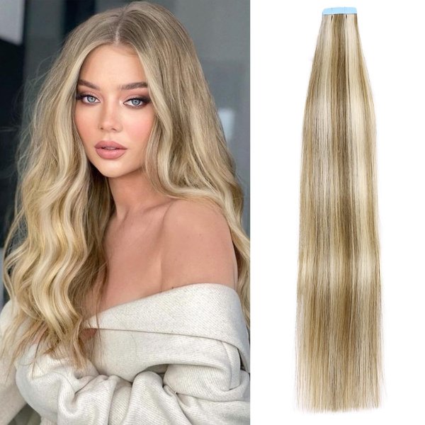 LADY MIRANDA Tape in Hair Extensions Human Hair 18 Inch 40g/20pcs Blonde Hair Extensions Soft Hair Extensions Real Human Hair Invisible Tape in Hair Extensions (9A/60, 18 Inch)