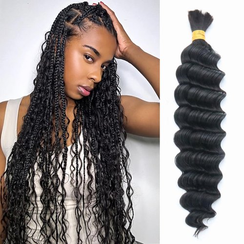 IXIMII Deep Wave Human Hair Bulk for Braiding 22 inch 3.5oz(100g) 100% Human Hair Bundles Natural Black No Weft Curly Hair Extensions for Boho Braids