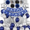 Blue and Silver Birthday Decorations for Men Boys, Navy Blue Silver Party Decoration Royal Bue Silver Birthday Balloons Happy Birthday Banner Pom Poms Silver Fringe Curtain for Birthday Party Supplies